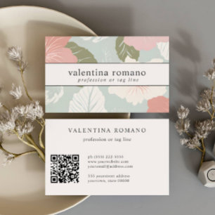 Carte De Visite Fleurs d'Hibiscus Rose sauge bleu blanc code QR