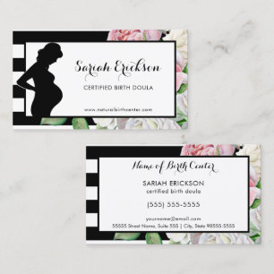 Carte De Visite Fleurs Élégantes et Rayures Doula de Naissance pou