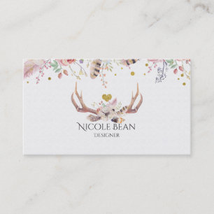 Carte De Visite Fleurs et Antlers de Cerfs Boho Chic Glam