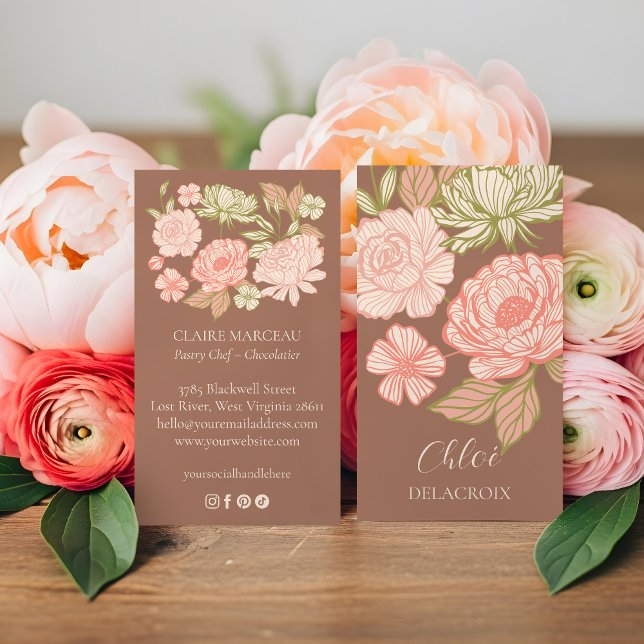 Carte De Visite Fleurs et feuillage dessinés à la main dans un sty (Hand-Drawn Floral & Foliage Elegant Line Art Style Business Card)