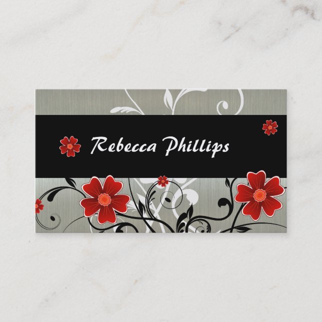 Carte De Visite Fleurs et silhouette rouges sur l'argent (Devant)