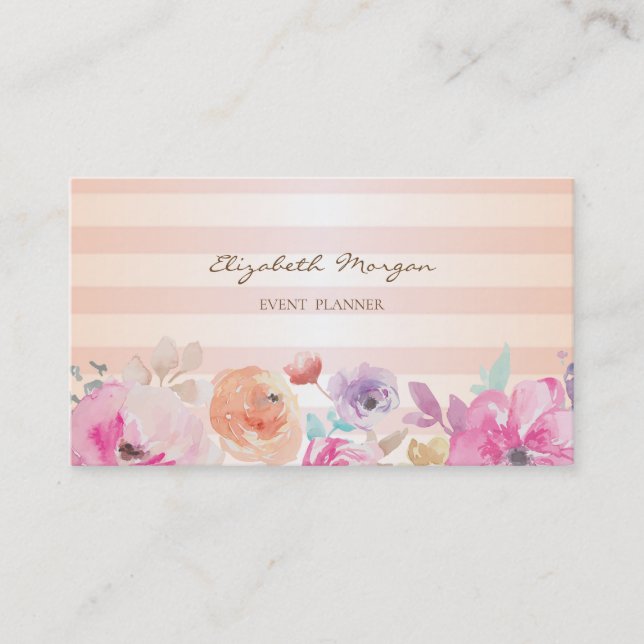 Carte De Visite Fleurs Modernes À Rayures De Style Aquarelle (Devant)