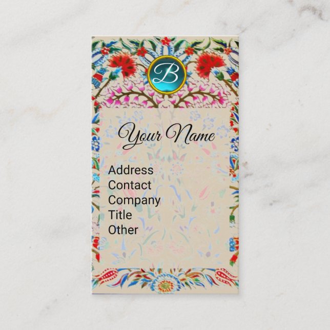 Carte De Visite FLEURS ORIENTALES DAMASK MONOGRAM Bleu rose floral (Devant)