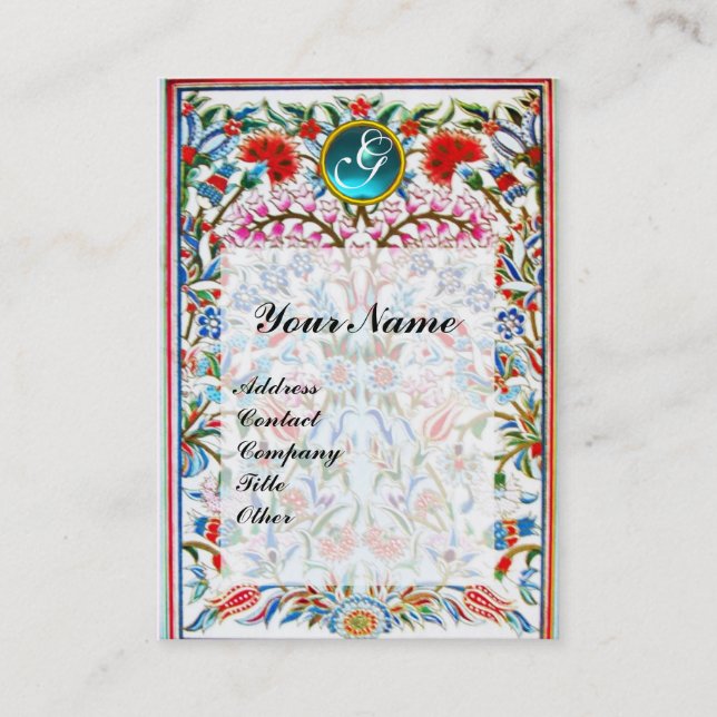 Carte De Visite FLEURS ORIENTALES DAMASK MONOGRAM Blue Aquamarine (Devant)