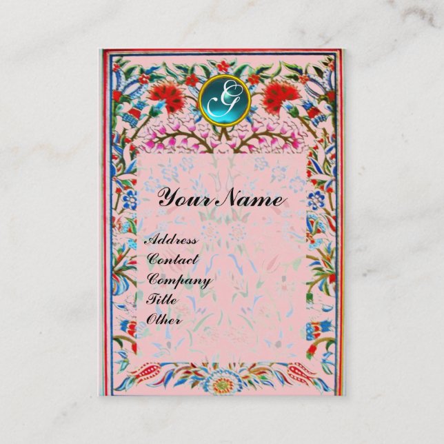 Carte De Visite FLEURS ORIENTALES DAMASSÉ MONOGRAMME Bleu Aigue-Ma (Devant)