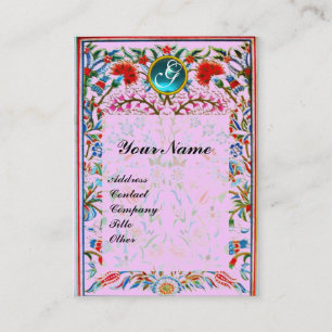 Carte De Visite FLEURS ORIENTALES DAMASSÉ MONOGRAMME Bleu Aigue-Ma
