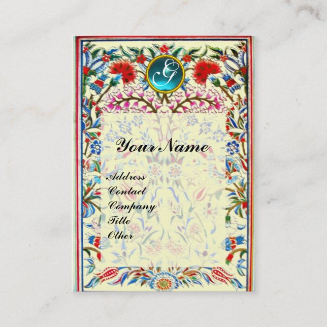 Carte De Visite FLEURS ORIENTALES DAMASSÉ MONOGRAMME Bleu Crème (Devant)