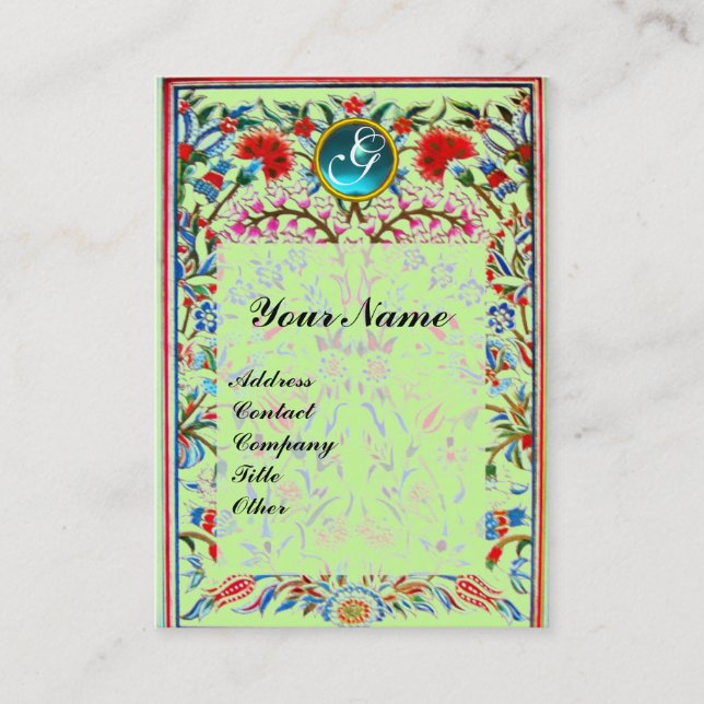 Carte De Visite FLEURS ORIENTALES DAMASSÉ MONOGRAMME Bleu Vert (Devant)