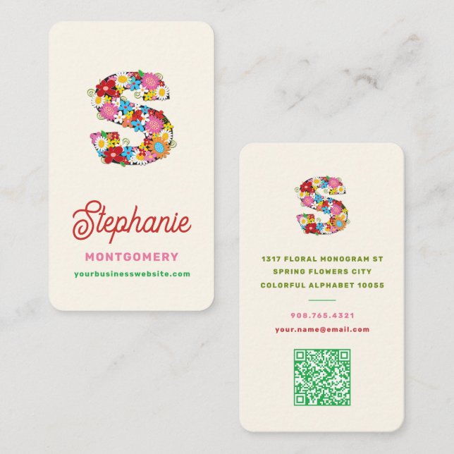 Carte De Visite Fleurs printanières douces Monogramme lettre S bot (Devant / Derrière)