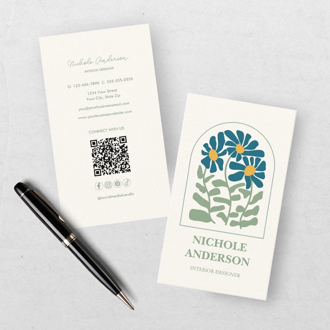 Carte De Visite Fleurs rétro bleu et vert  (Créateur téléchargé)