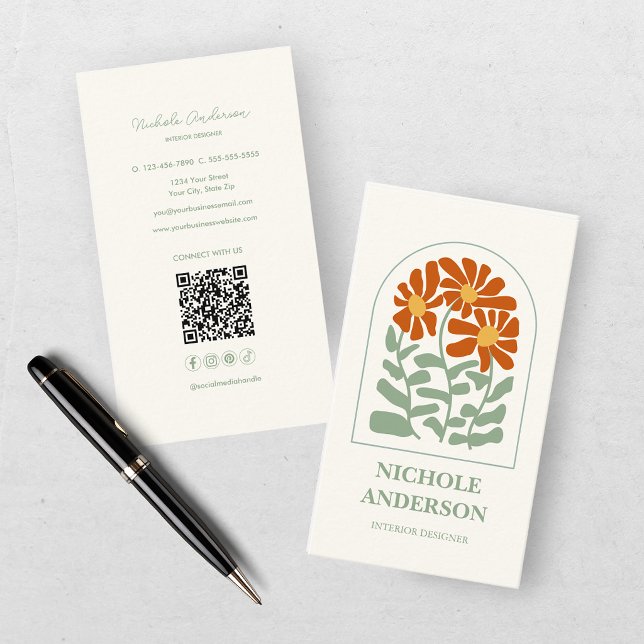 Carte De Visite Fleurs rétro orange brûlé et vert  (Créateur téléchargé)