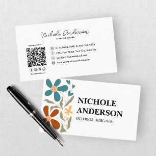 Carte De Visite Fleurs rétro turquoise et rouille