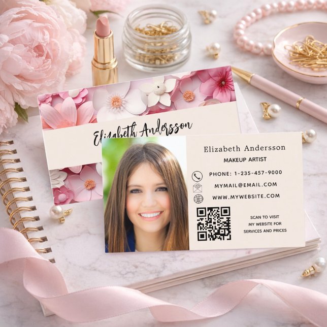 Carte De Visite Fleurs rose blanc logo QR photo (Créateur téléchargé)