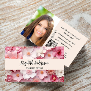 Carte De Visite Fleurs rose blanc photo logo QR