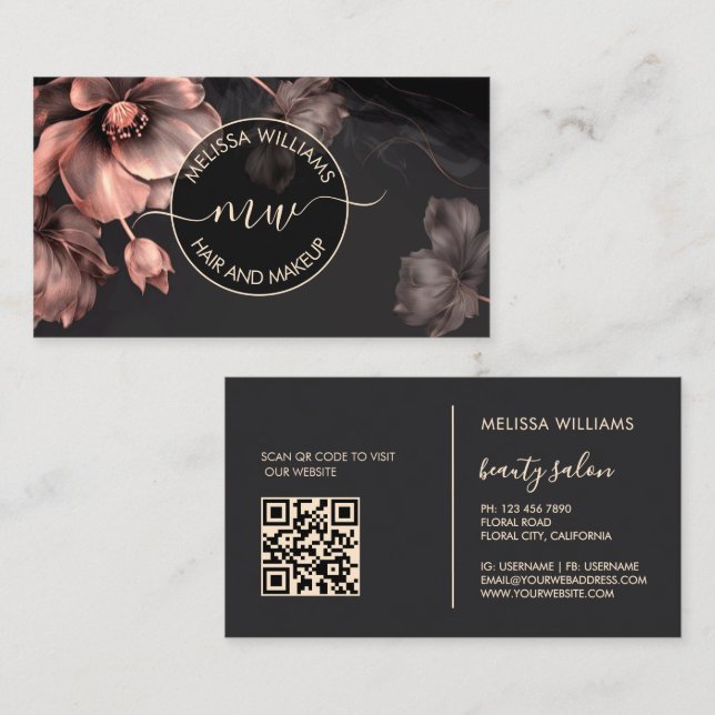 Carte De Visite Fleurs roses brillantes Logo noir (Devant / Derrière)