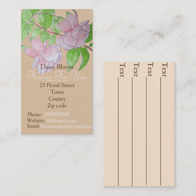 Carte De Visite Fleurs roses Jardin feuille design fleuriste (Devant / Derrière)