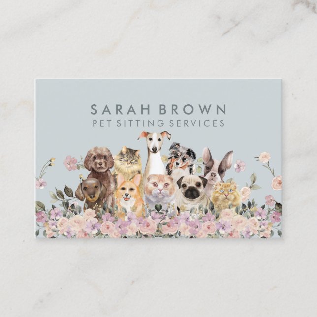 Carte De Visite Fleurs Roses Vertes Animaux de Compagnie Chiens Ch (Devant)