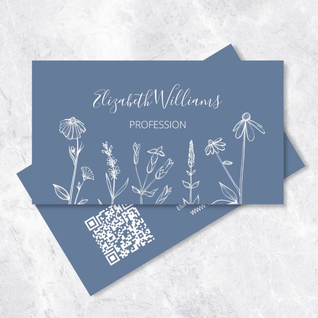 Carte De Visite Fleurs sauvages Bleu poussiéreux | Code QR (Créateur téléchargé)