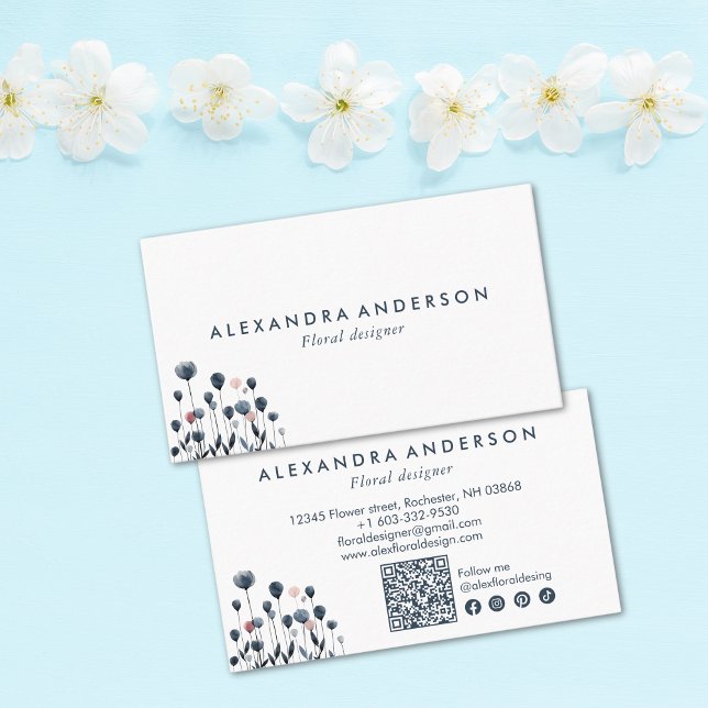 Carte De Visite Fleurs sauvages minimaux d'aquarelle modernes (Modern Minimal Watercolor Wildflowers Business Card)
