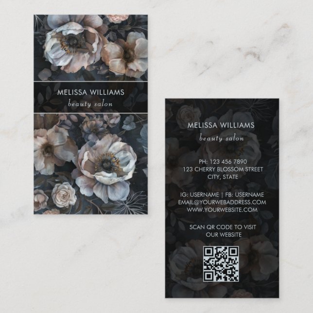 Carte De Visite Fleurs Sombres Rose Éblouissant (Devant / Derrière)