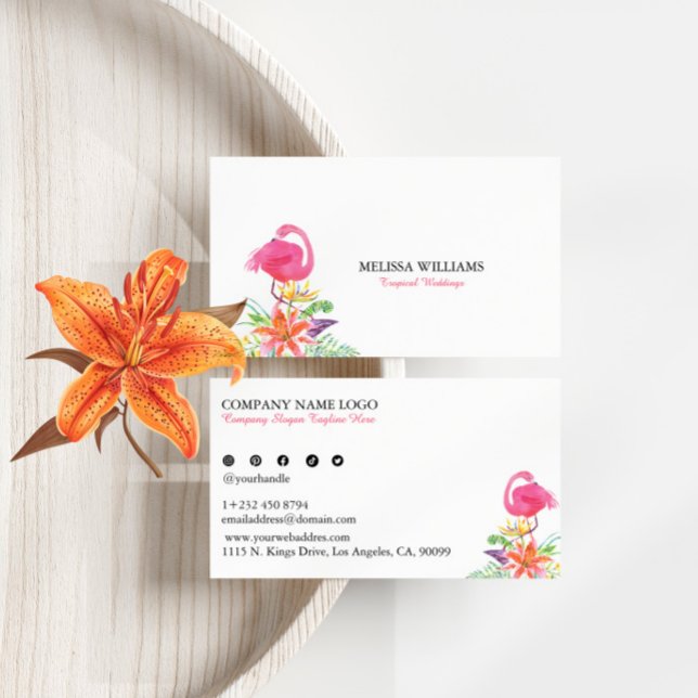 Carte De Visite Fleurs tropicales et Wedding planner Flamant rose  (Créateur téléchargé)