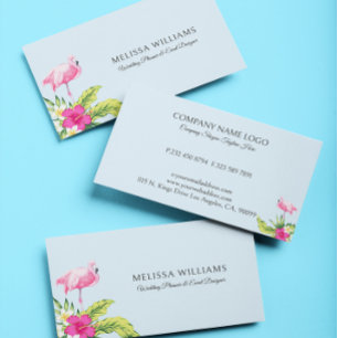Carte De Visite Fleurs tropicales & Flamant rose sur fond bleu pou