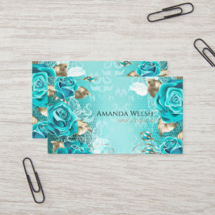 Carte De Visite Fleurs turquoise or luxe élégantes boutique