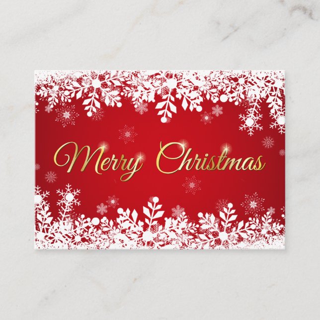 Carte De Visite Flocons blancs sur un joyeux Noël rouge (Devant)