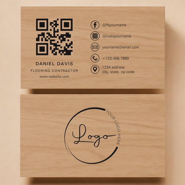 Carte De Visite Flooring Contractor Wood Professional QR Code (Créateur téléchargé)