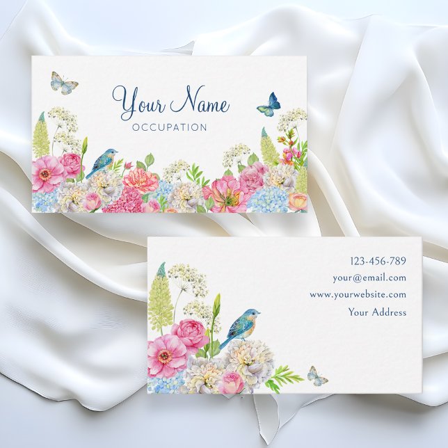 Carte De Visite Floraison bleue verte rose printemps  (Créateur téléchargé)