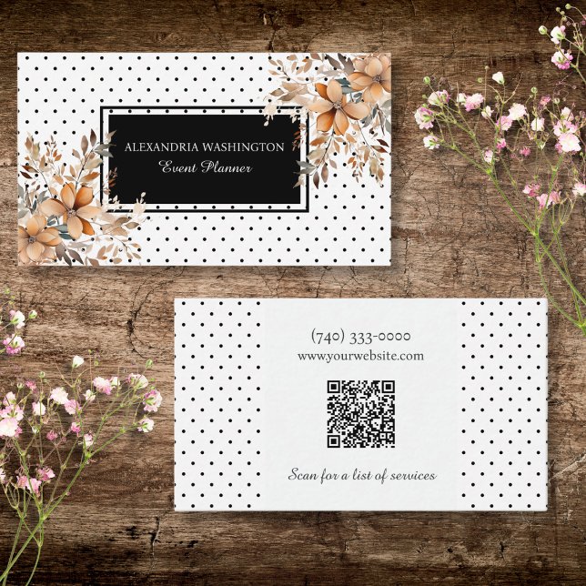Carte De Visite Floral and Polka Dot with QR Code (Créateur téléchargé)