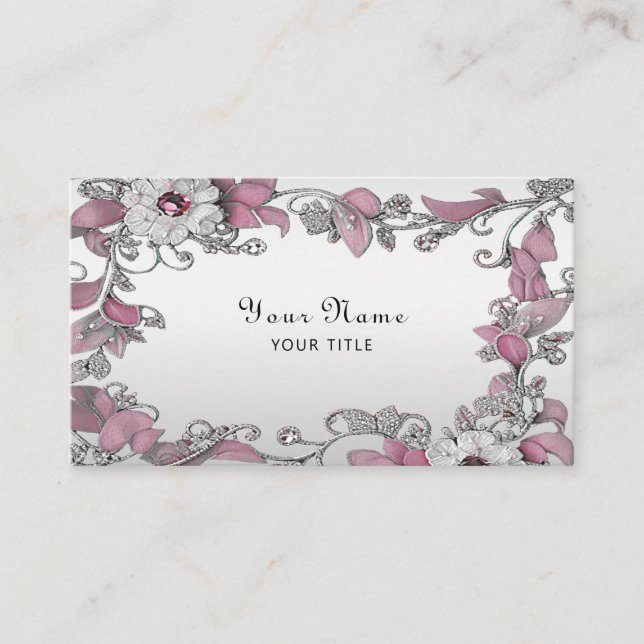 Carte de visite floral blanc argenté rose (Devant)