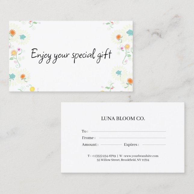 Carte De Visite Floral Business Gift Certificate Card (Devant / Derrière)