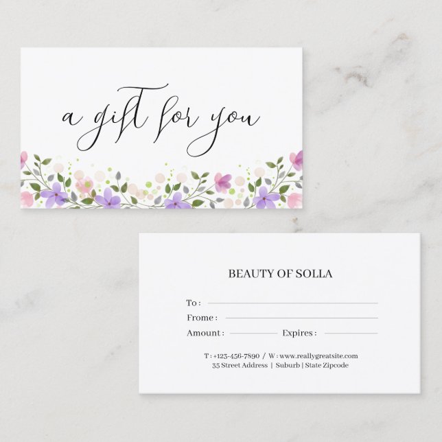 Carte De Visite Floral Gift Certificate Card for Small Businesses (Devant / Derrière)