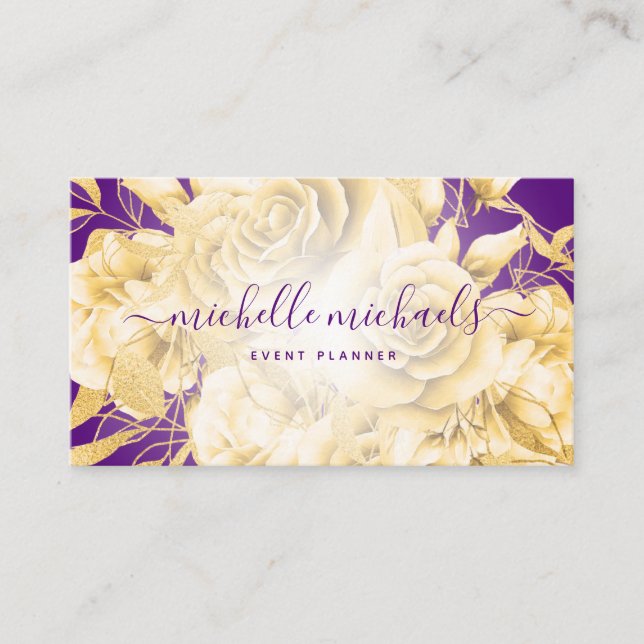 Carte De Visite Floral Gold Purple Script moderne (Devant)