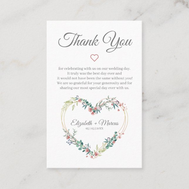 Carte De Visite Floral Heart in Pink with Thanks (Devant)