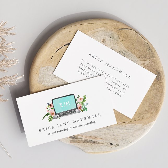 Carte De Visite Floral Laptop | Virtual Tutor | Remote Learning (Créateur téléchargé)