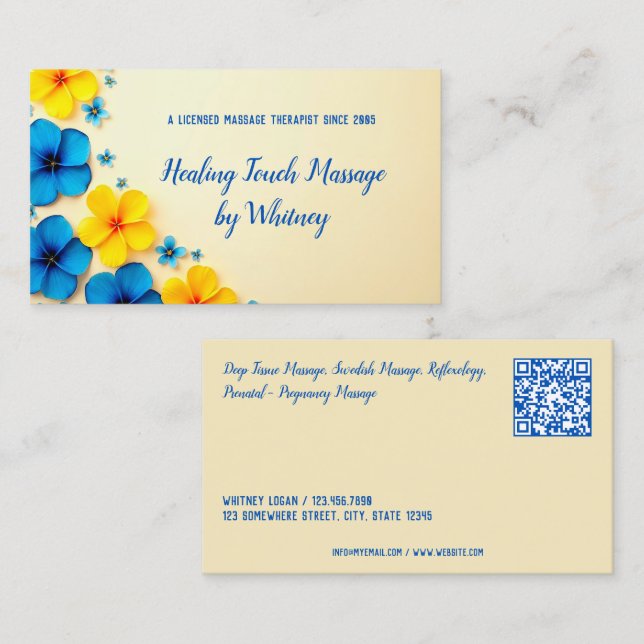 Carte De Visite Floral Massage Therapist QR (Devant / Derrière)