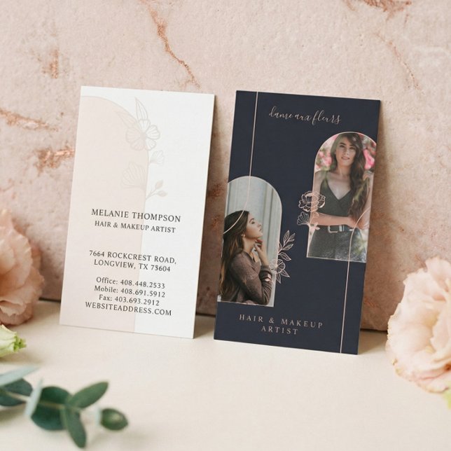 Carte De Visite Floral moderne Rose Beauté Photo Arches Marine (Luxury Floral Beauty Hair Makeup Artist Arch Photo Business Card)