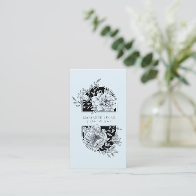 Carte De Visite Floral noir et blanc élégant (Debout devant)