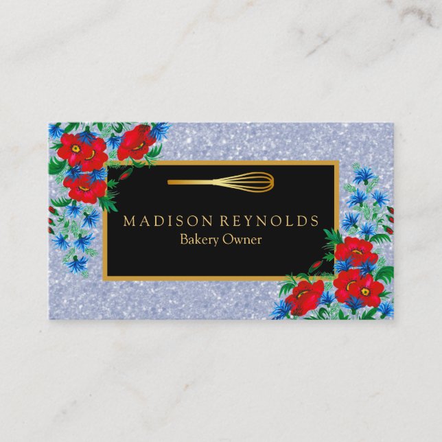 Carte De Visite Floral Parties scintillant or boulangerie Chef Whi (Devant)