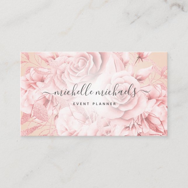 Carte De Visite Floral Rose Gold Blush Script moderne (Devant)