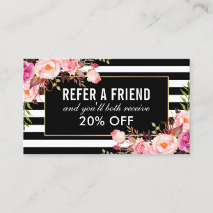 Carte De Visite Floral rose noir et blanc rayé aiguillage