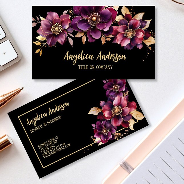 Carte De Visite Floral violet noir (Elegant Feminine Purple Floral Business Card - Double-sided)