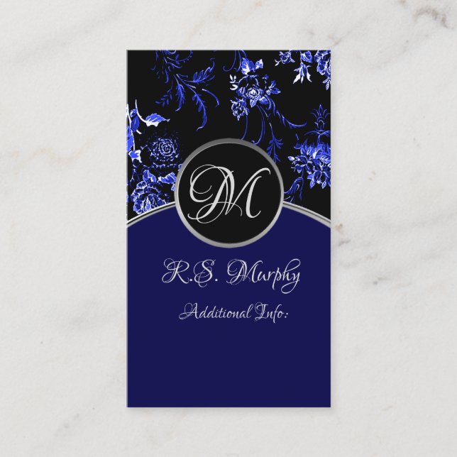 Carte de visite florale bleue Monogram 4 (Devant)