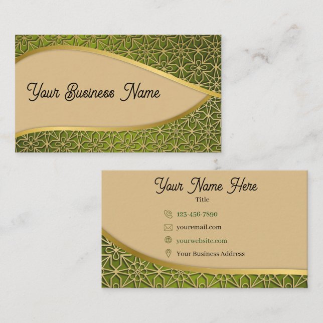 Carte de visite florale élégante vert olive et or (Devant / Derrière)