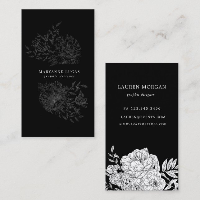 carte de visite florale noire et blanche (Devant / Derrière)