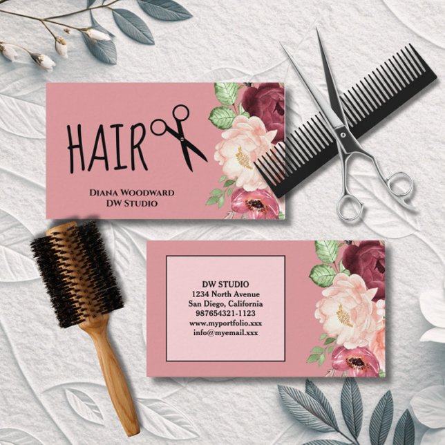 Carte de visite florale rose pour coiffeur (Créateur téléchargé)