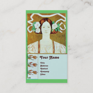 CARTE DE VISITE FLORE/FEMME AVEC ROSES BLANCHES MONOGRAMME