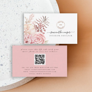 Carte De Visite Flore rose Dusty Code QR Logo Concepteur d'intérie